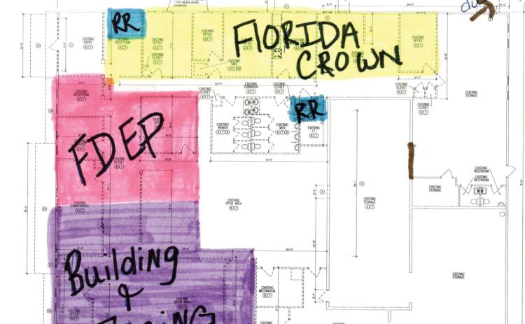 Plans for the old Lake City Reporter building show where CareerSource Florida (Florida Crown), the Florida Department of Environmental Protection, and the county’s building and zoning department would be located after renovations are completed. CareerSource and DEP hope to be in the building by Aug. 1. (COURTESY)