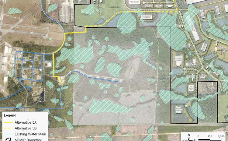 The agreement between Columbia County and the City of Lake City calls for the county funding $3.5 million toward the construction of a water line to the park, shown as the solid yellow line on a 2021 study performed by Jones Edmunds for the city. (COURTESY)