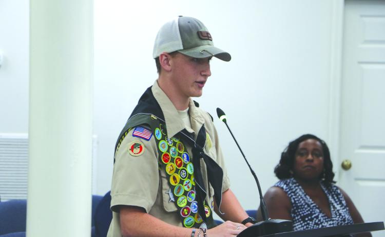 Boy Scout Troop 85’s Dakota Beichner speaks during Monday’s Lake City Council meeting. (MORGAN MCMULLEN/Lake City Reporter)