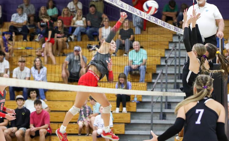 Lafayette outside hitter Kayley Johnson fires a shot over the net against Columbia on Thursday. (BRENT KUYKENDALL/Lake City Reporter)