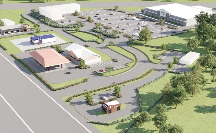 A rendering of the Cornerstone Crossing at 47 project at the Interstate 75 and State Road 47 interchange shows plans for a Publix grocery store as well as a convenience store, McDonald’s, Zaxby’s and Ellianos Coffee. (COURTESY)