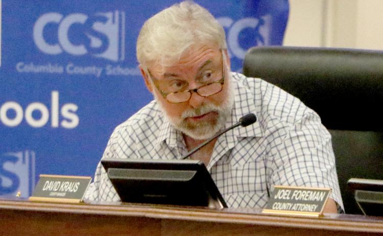 Assistant County Manager Kevin Kirby talks to the County Commission about the revised hurricane response plan Thursday. (MORGAN MCMULLEN/Lake City Reporter)