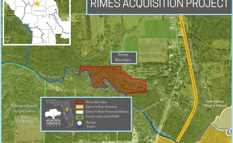 A map outlines the scope of the Rimes Acquisition Project, an effort by the Alachua Conservation Trust to buy 54 acres of land along the norther parts of the Santa Fe River in Union County. (COURTESY)