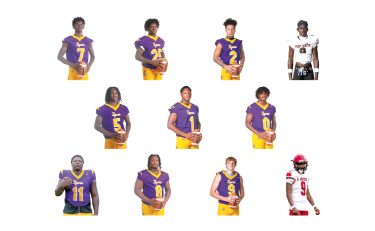 TOP ROW: CHS WR Kyren Caldwell, CHS RB Jerome Horne, CHS DB Julian De La Cruz and FWHS DB/ATH Jayden Jackson; MIDDLE ROW: CHS DB Tacori Allen, CHS LB Kameron Mills and CHS DB Von Lane; BOTTOM ROW: CHS DL Jaden McCray, CHS DL Kyten Davis and LHS QB/DB Tywan Williamson. (CHS portraits by JEN CHASTEEN; FWHS portrait by MORGAN MCMULLEN; LHS portrait by JACK HOWDESHELL)