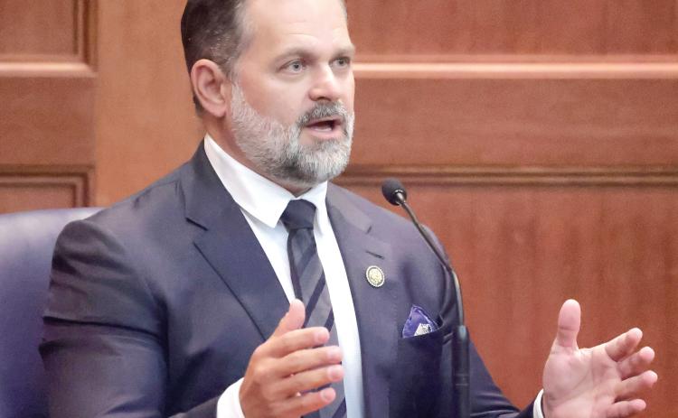 Congressman Cory Mills testifies during a hearing over a requested restraining order against him for stalking by Miss United States Lindsey Langston at the Columbia County Courthouse on Friday. (JOE BURBANK/Orlando Sentinel)