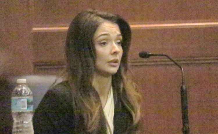 Lindsey Langston provides testimony Friday at the Columbia County Courthouse in a hearing on her request for an injunction for protection for stalking against U.S. Rep. Cory Mills, her former boyfriend. (TONY BRITT/Lake City Reporter)