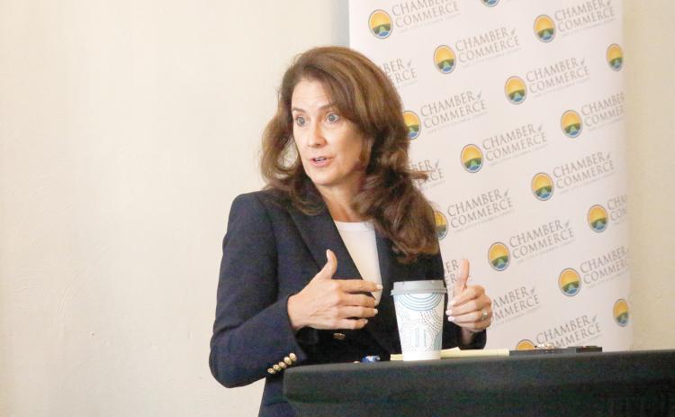 State Sen. Jennifer Bradley said any property tax reform the state implements will have to have no negative impacts on rural, fiscally constrained counties like Columbia County. Bradley spoke at a Lake City-Columbia County Chamber of Commerce Coffee and Commerce event Wednesday morning. (JAMIE WACHTER/Lake City Reporter)