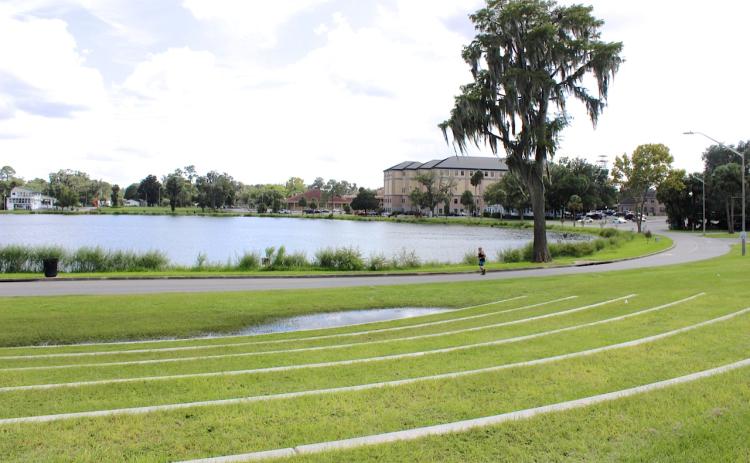 The City of Lake City is seeking a waiver for additional Community Development Block Grant funding to complete the Wilson Park amphitheater project on Lake DeSoto. The amphitheater seating is pictured facing the lake. (FILE)