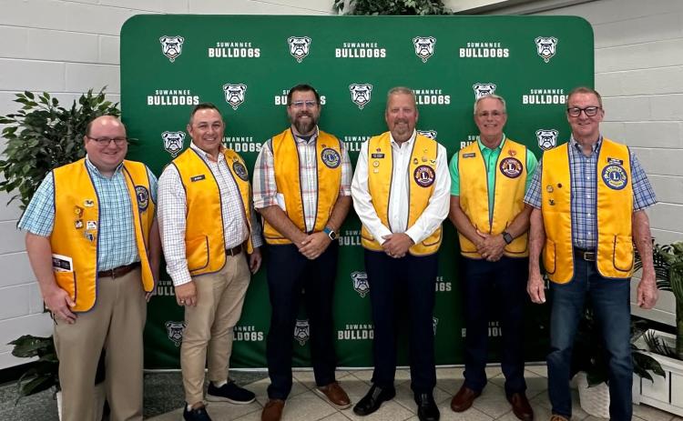 Live Oak Lions Club members Stevie Harris (from left), John  Curls, Adam Hitt, Coy Howell, David Jordan and Chris Fry are pictured at an event at Suwannee High School. The Lions Club has a LEO Club established at SHS. (COURTESY)