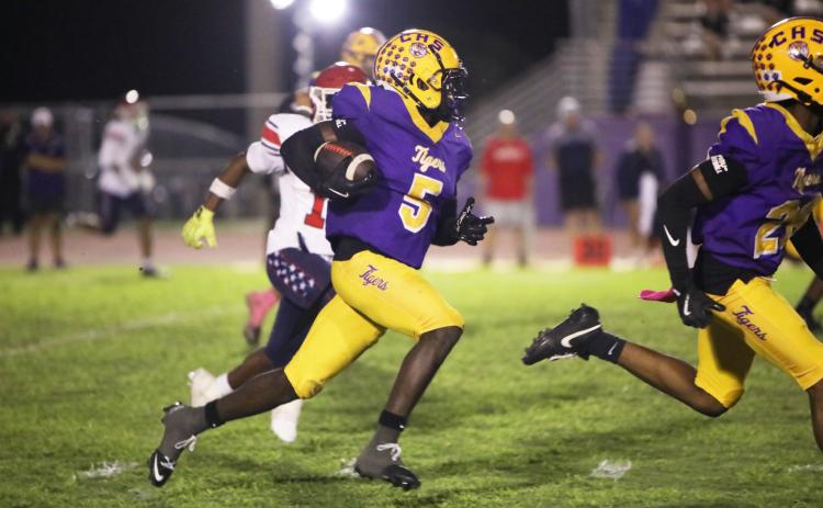 Columbia cornerback Tacori Allen picked off two Manatee passes Friday night, returning one for a touchdown at Tiger Stadium. (BRENT KUYKENDALL/Lake City Reporter)