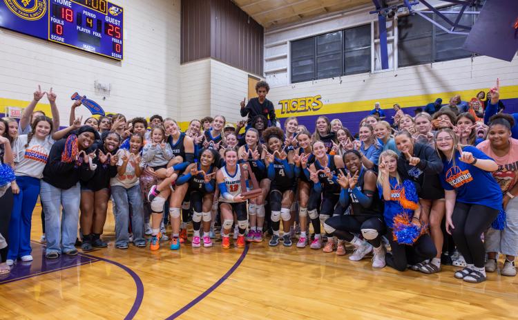 Branford's volleyball team celebrates with fans after defeating Union County to win the District 6-R title on Thursday. (JACK HOWDESHELL/Lake City Reporter)
