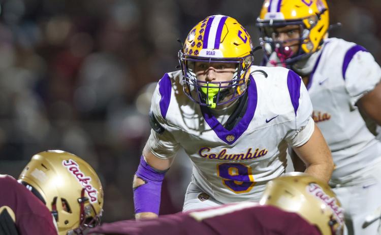 Columbia defensive end Kyten Davis lines up for a snap against St. Augustine last Friday. (GARY LLOYD MCCULLOUGH/Special to the Reporter)