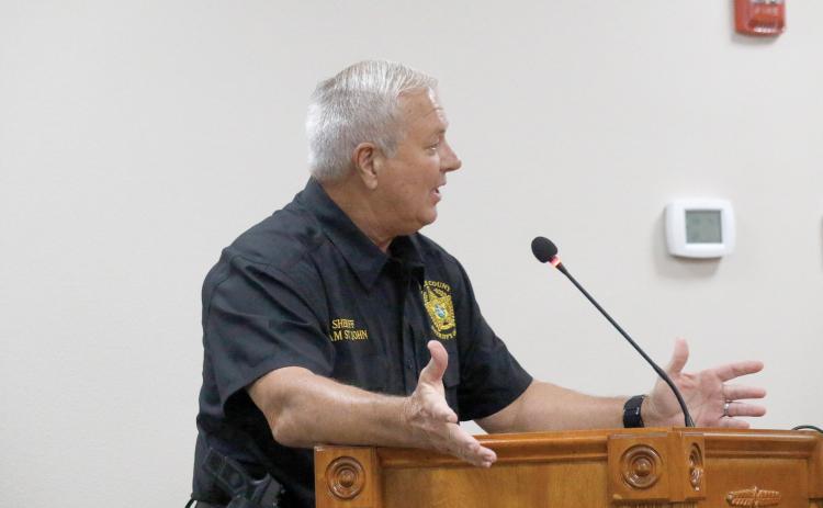Suwannee County Sheriff Sam St. John tells the County Commission about the Flock Safety cameras the SCSO is using to help solve crimes. (JAMIE WACHTER/Lake City Reporter)