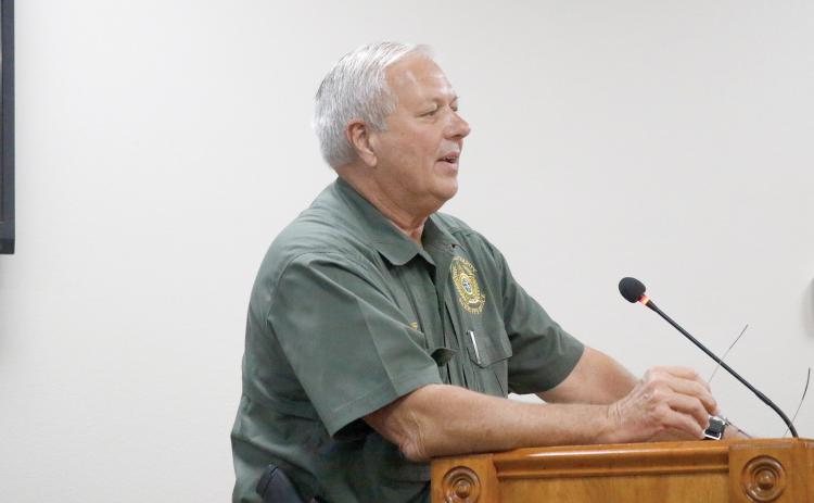 Sheriff Sam St. John answers questions Tuesday about the findings regarding his office that were identified in the audit by Powell and Jones. (JAMIE WACHTER/Lake City Reporter)
