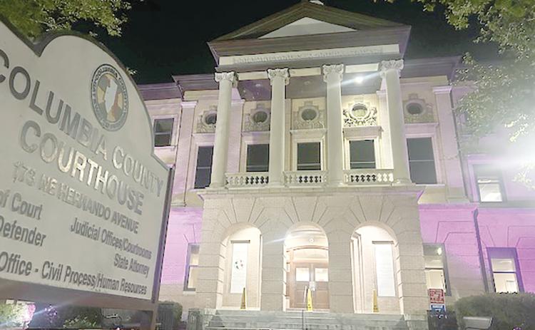 The Columbia County Courthouse is lit up in purple this month for National Domestic Violence Awareness Month in an effort to the services provided to victims of domestic violence. (COURTESY JAY SWISHER)