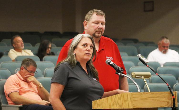 WastePro Florida Government Affairs Director Dana WIlliams (left) and WastePro Lake City Manager Frank Kramer discussed WastePro’s contract proposal with the county at its Thursday meeting. (MORGAN MCMULLEN/Lake City Reporter)