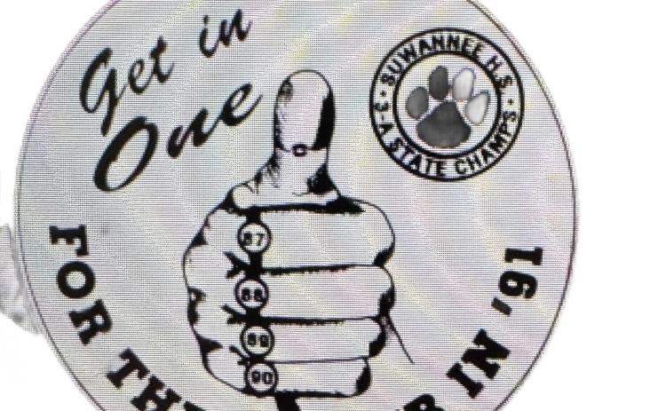 Suwannee High was trying to ‘Get in One for the thumb in 91’ in 1991 after winning the previous four Class 3A state titles. That run also brought ESPN to town in 1991 to document the program’s success. (COURTESY SUWANNEE DEMOCRAT)