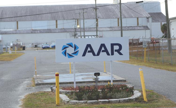 The signage outside the former HAECO Americas repair hangar at the Florida Gateway Airport was updated as of Thursday to reflect the company’s sale to AAR. (TONY BRITT/Lake City Reporter)