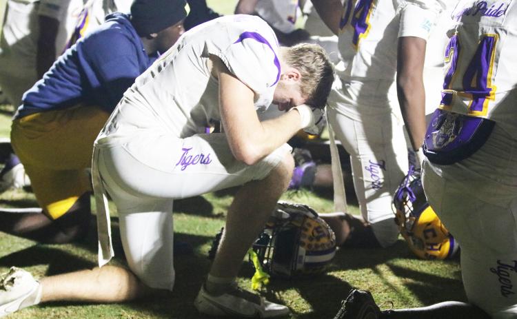 Columbia defensive end Kyten Davis pours out his emotions following the Tigers’ 27-20 loss to Choctaw in the Region 1-4A semifinals on Friday. (JORDAN KROEGER/Lake City Reporter)