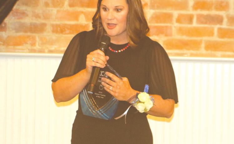 Westside Elementary School’s Shelly Teel speaks to the crowd after winning the Columbia County Teacher of the Year award last year. (FILE)