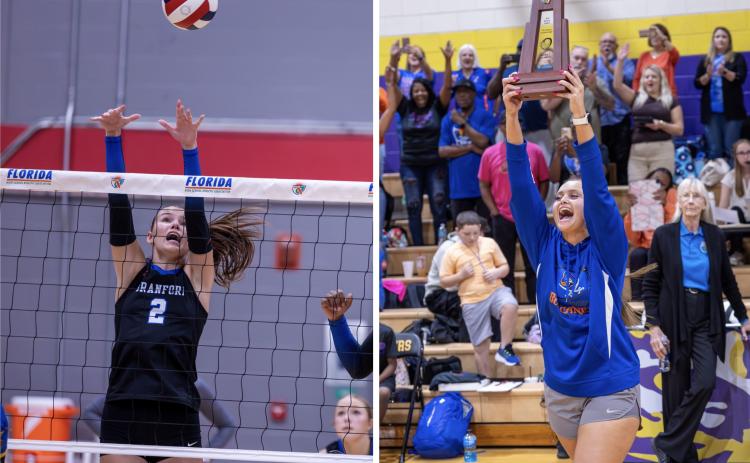 Branford setter/middle blocker Mylie Fernandez (left) was voted the Florida Dairy Farmers Class Rural Volleyball Player of the Year and head coach Lachelle Sikes (right) was voted the Rural Coach of the Year in November. (JACK HOWDESHELL/Lake City Reporter)
