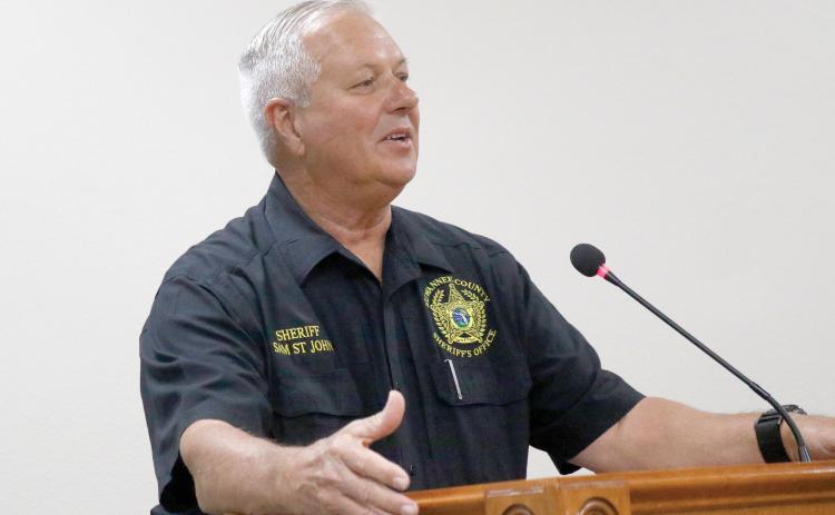 Sheriff Sam St. John speaks at a Suwannee County Commission meeting in April where an independent audit was ordered on the Emergency Operations Center. That audit led to the county taking emergency management away from the sheriff’s office. (FILE)