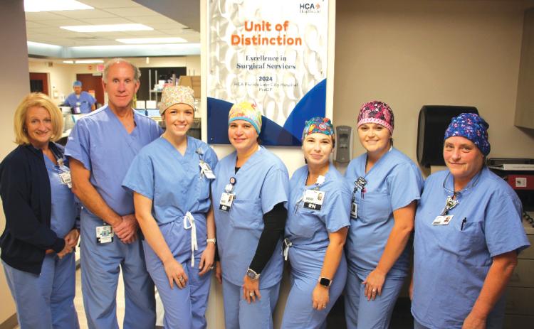 The surgical team who performed the first vascular surgery at HCA Florida Lake City Hospital. Left to Right: Cheryl Beckman, Dr. Elmer Croushore, Morgan Lawson, Sonia Sanchez, Jacquelyn Feagin, Taylor Fraley and Kathryn Bower. (COURTESY)