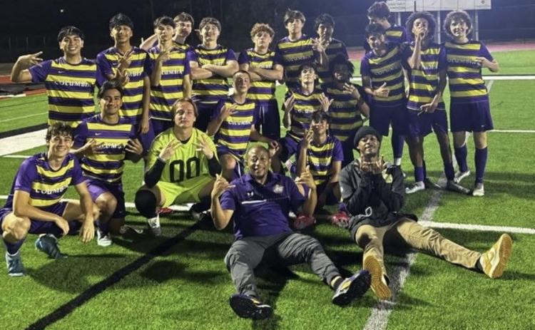 Columbia’s boys soccer team celebrates after upsetting nationally-ranked Niceville 3-2 on Saturday at the South Walton Showdown. (COURTESY)