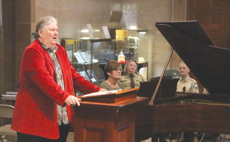 Johnny Bullard (left) performs Stephen Foster’s ‘Hard Times Come Again No More,’ accompanied by his sister-in-law, Amanda Bullard, on piano during Sunday’s Stephen Foster Day celebration at the Stephen Foster Folk Culture Center State Park. (MORGAN MCMULLEN/Lake City Reporter)