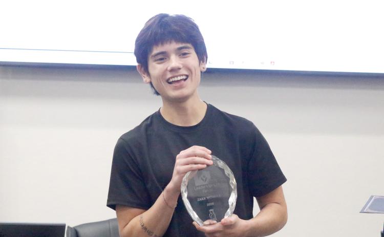 Suwannee High senior Randy ‘Zakk’ Womble was honored Tuesday night at the Suwannee County School Board meeting for earning a Leaders for Life scholarship from Take Stock in Children and the Asofsky Family Foundation. (JAMIE WACHTER/Lake City Reporter)