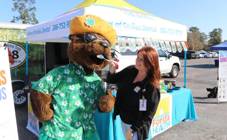 Bellamy Beaver gets his teeth brushed by Brandy Hunt, dental hygienist with the Columbia County Health Department, as the mascot visited vendor stands during Bellamy’s Big 4th Grade Field Day.  (TONY BRITT/Lake City Reporter)