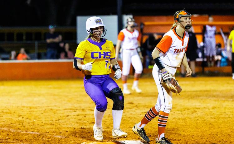 Columbia pitcher Ryleigh Stone reaches first base after hitting a single against Trenton with two outs in the seventh inning Tuesday night. Stone was ultimately left stranded on second base as CHS fell to THS 4-1. (JACK HOWDESHELL/Lake City Reporter)