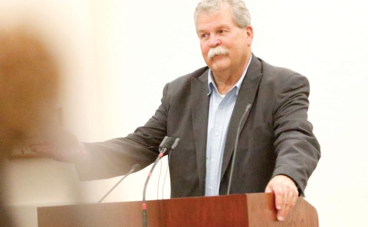 Suwannee River Water Management District Executive Director Hugh Thomas, talking to the Columbia County Commission on Thursday, said the district appreciates the ‘community’s passion for our natural resources.’ (JAMIE WACHTER/Lake City Reporter)