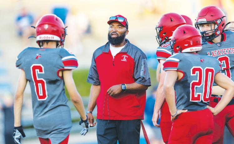 Lafayette coach Marcus Edwards addresses his team during last May’s spring game. (FILE)