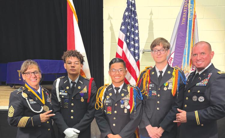 New leadership for the 2026-27 school year for the Columbia High School JROTC will be 1st. Sgt. Treena Dettmer, (from left), incoming Cadet/Lt. Col. Romeo Carter, Cadet/Command Sgt. Major Alberto Basalo, Cadet/Major Elijah Deese and Lt. Col. Austin Akers. (COURTESY)