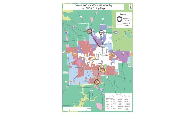The mixed-use overlay district areas being considered for Columbia County are along interstate interchanges on State Road 47 and U.S. Highways 41 and 441 as well as near Columbia High School. (COURTESY)