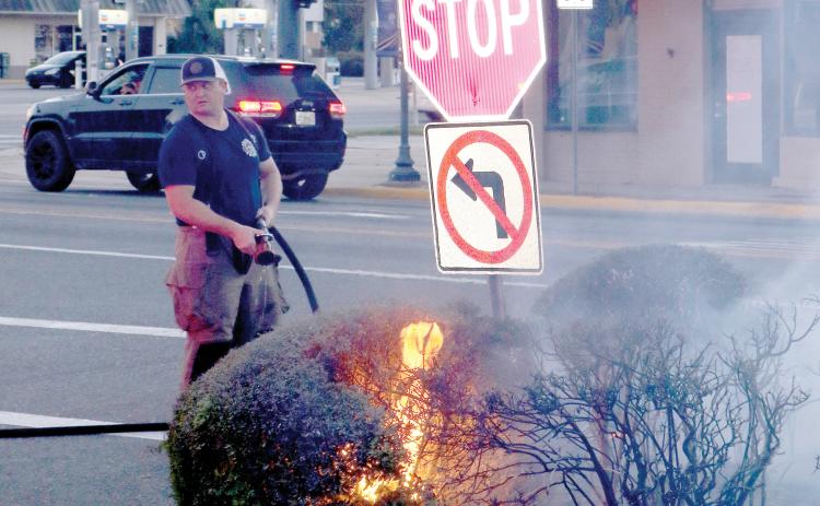 Lake City firefighter Josh Morris, uses a small hose as he prepares to extinguish shrubbery that caught fire near the Columbia County Courthouse Annex on Wednesday evening. (TONY BRITT/Lake City Reporter)