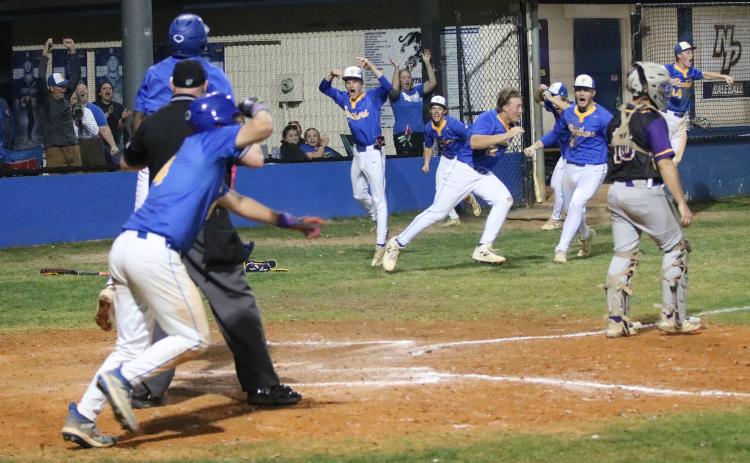 Newberry players pour out of the dugout after Desmond Taylor scored the game-winning run to defeat Columbia 12-11 on Tuesday. (JORDAN KROEGER/Lake City Reporter)