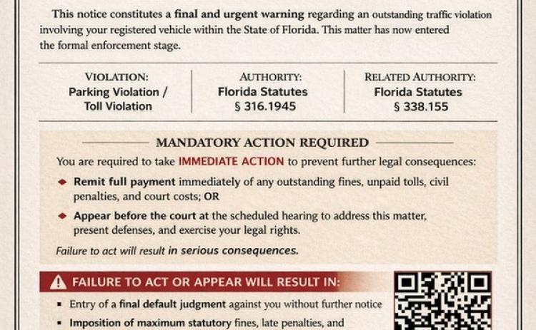 An example of a recent scam targeting individuals claiming to come from county courts regarding outstanding traffic and toll violations. The Florida Department of Highway Safety and Motor Vehicles reminds residents that official government agencies do not request payment through QR codes, third-party links or unverified online platforms. (COURTESY)