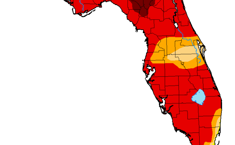 The U.S. Drought Monitor map released Thursday shows all of the Suwannee River Valley to be experiencing exceptional drought, the most intense level of drought. (U.S. DROUGHT MONITOR)
