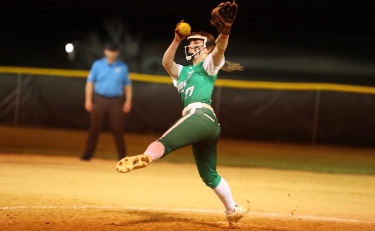 Suwannee pitcher Emalyn Watley unloads a pitch against Branford on March 9. (PAUL BUCHANAN/Lake City Reporter)