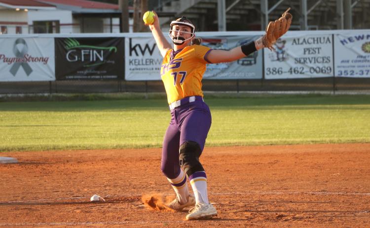 Columbia pitcher Ryleigh Stone winds up to pitch against Santa Fe on Thursday. (MORGAN MCMULLEN/Lake City Reporter)