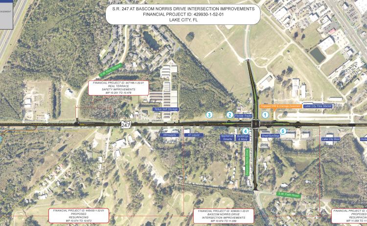 A map of the proposed improvements for the Branford Highway (State Road 247) and Bascom Norris Drive intersection improvements, as well as paving on those two roads away from the intersection. (COURTESY FLORIDA DEPARTMENT OF TRANSPORTATION)
