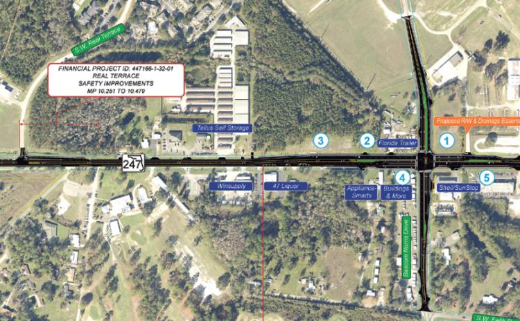 A map of the proposed improvements for the Branford Highway (State Road 247) and Bascom Norris Drive intersection improvements, as well as paving on those two roads away from the intersection. (COURTESY FLORIDA DEPARTMENT OF TRANSPORTATION)