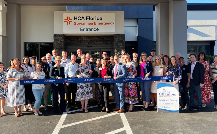 HCA Healthcare leadership is joined with Suwannee County Chamber of Commerce and local elected officials for a ribbon cutting ceremony to celebrate the new state-of-the-art CT scanner at HCA Florida Suwannee Emergency. (COURTESY)