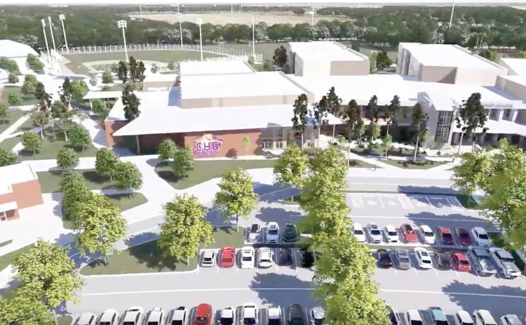 A rendering of the proposed new Columbia High, which would be a three-story facility, built on the back of the current school campus. The project is estimated to cost nearly $190 million. (COURTESY)