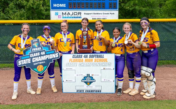 Columbia seniors Addyson Sherman (from left), Luisa Taylor, Raelyn Wehinger, Ava Christie, Lauryn Lee, Amani Tunsil, Anna Dansby and Emily Delgado wrapped up their careers with a state championship on Saturday. (JACK HOWDESHELL/Lake City Reporter)