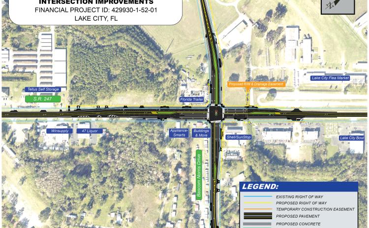 A map outlines the proposed improvements to the intersection of State Road 247 and Bascom Norris Drive, which includes additional turn lanes to hopefully alleviate traffic. The project is scheduled to begin next summer and wrap up in 2029. (COURTESY)