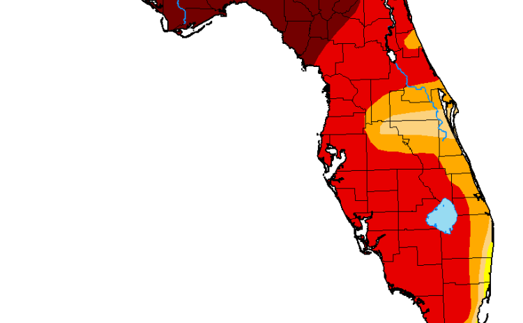 The U.S. Drought Monitor map released last week still shows Suwannee County in exceptional drought, the highest intensity level of droughts. (COURTESY)