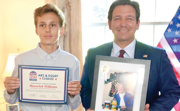 Fort White Middle School student Maverick Williams won a state essay contest on ‘Celebrating Florida’s Contributions to America’ for his entry on Dr. James Cade, the founder of Gatorade. Williams won a two-year scholarship as well as a picture of Cade from Gov. Ron DeSantis in the contest. (COURTESY)